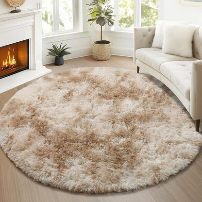 Tie-Dye Beige Round Area Rug 4ft, Soft Bedroom Circle Rugs Floor Mats - Image 6
