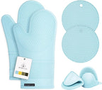 Rorecay 6pcs Oven Mitts and Pot Holders Sets, Extra Long Silicone Oven Gloves Heat Resistant 500 Degrees Non-Slip Potholders Hot Pads for Kitchen Baking Cooking, Quilted Liner, Winter Sky