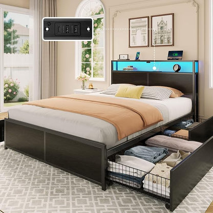 Rolanstar Queen Bed Frame with 4 Storage Drawers & 2-Tier Storage Headboard by Rolanstar