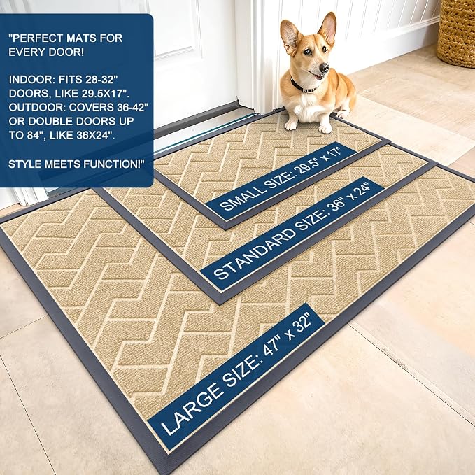 OLANLY Front Door Mat Outside 59x34, All-Season Absorbent Rubber Doormat | Beige - Image 2