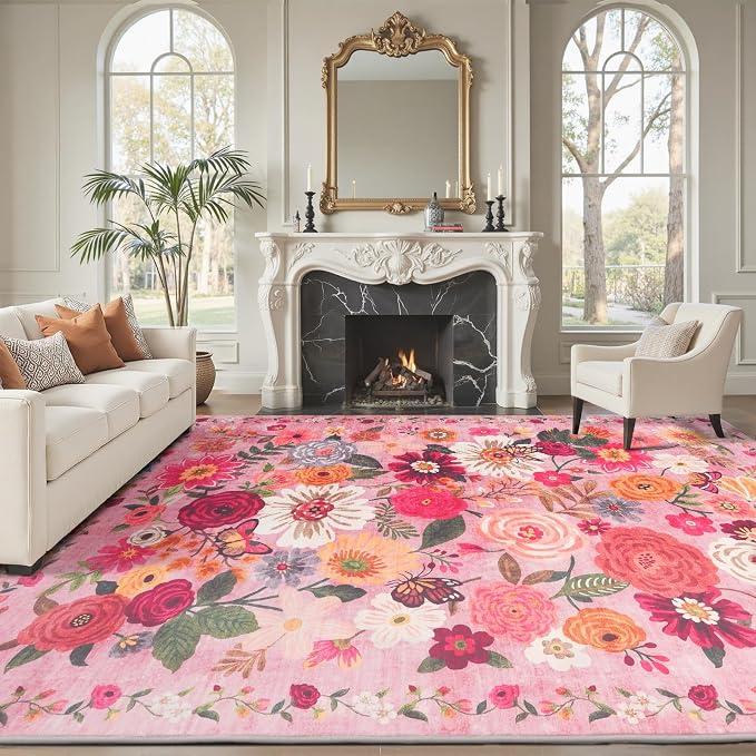 Pink Floral Large Washable Area Rug 8x10 - Image 2