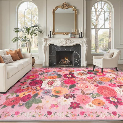Pink Floral Large Washable Area Rug 8x10 - Image 2