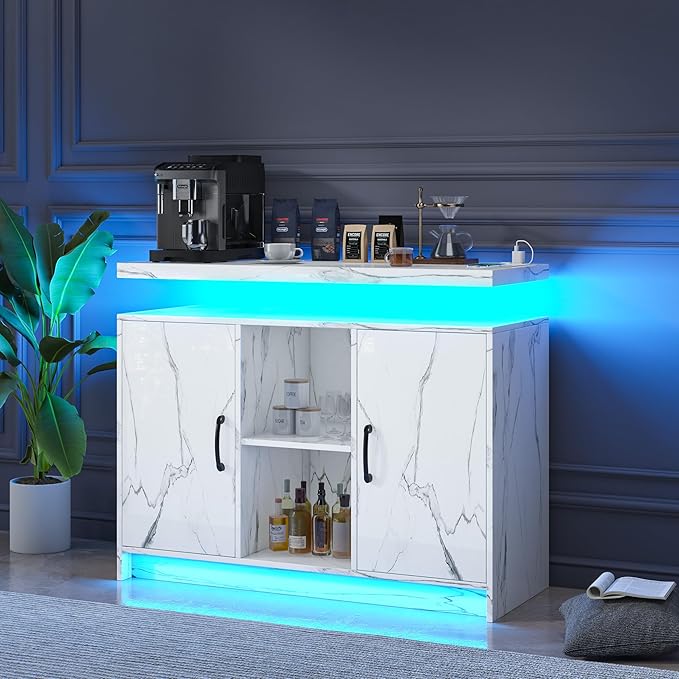 4 EVER WINNER Marble Buffet Cabinet with Storage, Modern Coffee Bar with LED Lights and Charge Station, Sideboard Buffet Cabinets with Adjustable Shelves for Kitchen,Dining Room