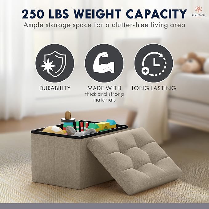 Ornavo Home Small Storage Ottoman Foldable Collapsible Rectangle Linen Ottoman - Image 7