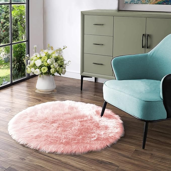 Latepis Pink Circle Round Rug 3ft Faux Fur Sheepskin Rugs by Latepis