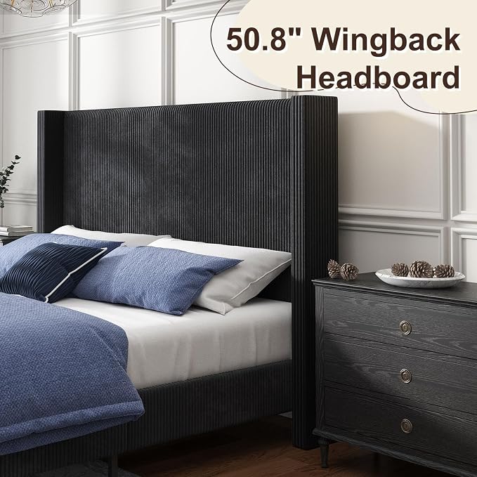 HOWE King Size Bed Frame with 50.8" Tall Wingback Headboard, Modern Corduroy - Image 5