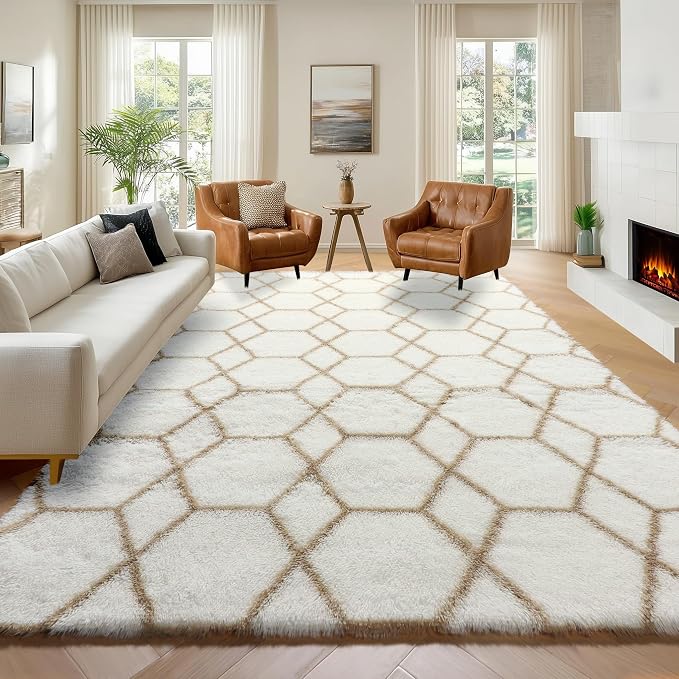 6x9 Area Rugs for Living Room Bedroom, Fluffy White and Beige Geometric Rug | by ONASAR