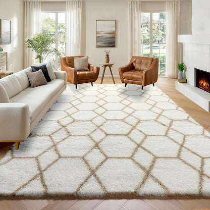 7x9 Area Rugs for Living Room Bedroom, Fluffy White and Beige Geometric Rug | by ONASAR