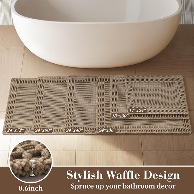 RESARE Waffle Bathroom Runner Rugs, Non Slip Boho Bath Mat 24"x60" Brown | Long - Image 5