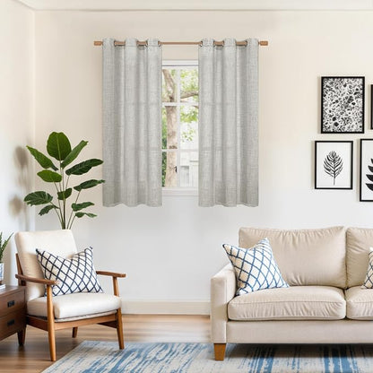 YoungsTex Light Grey Linen Semi Sheer Curtains 54 Inch Length 2 Panels | Light - Image 2