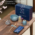 7Pcs Matcha Whisk Set, Ceramic Matcha Bowl with Spout,Bamboo Whisk and Holder, Bamboo Scoop,Scoop Rest,Sifter and Tea Towel,Matcha Kit w/Cherry Blossom Carved Pattern (Blue)