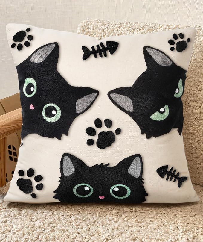 Embroidered Throw Pillow Cover 18x18 Inch, Cat Bone | Decorative Pillow Cover by Kokaaee