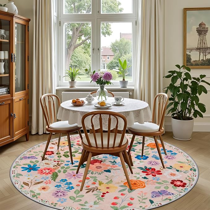PLHXFR Round Area Rug Living Room: 6 ft Floral Washable Soft Carpet Beige | - Image 4