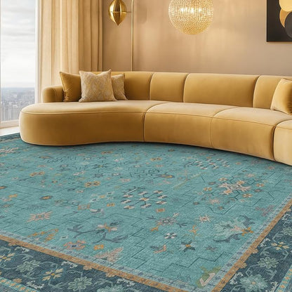 Washable 10x14 Teal Boho Living Room Rug by HazoHaus