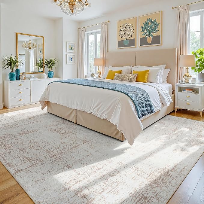 9x12 Washable Area Rug for Living Room Bedroom: Non-Slip Modern Beige White | - Image 2