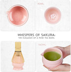 Pink Matcha Set, 8 Pcs Matcha Whisk Set with Porcelain Sakura Tea Cup, Matcha Bowl, Whisk and Holder, Bamboo Scoop, Scoop Rest, Sifter, Tea Mat - Gift for Matcha Lover