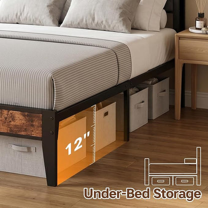 Queen Bed Frame with Charging Station, Upholstered Headboard, Metal Platform - Image 5