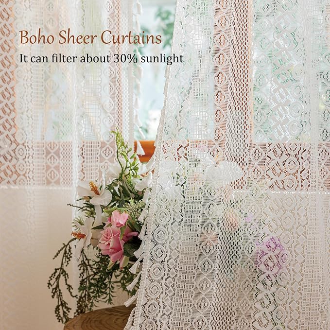 Sutuo Home White Boho Lace Curtains 2 Panels - Image 3