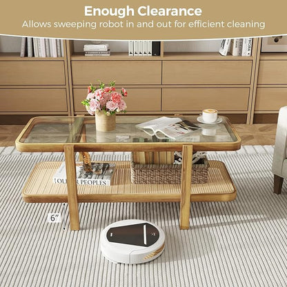 Giantex Rattan Coffee Table, 47.5" Rectangle Solid Wood Tea Table w/Tempered - Image 5