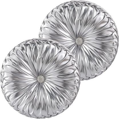HIG Set of 2 Silver Metallic Leather Decorative Round Pleated Throw Pillows | - Image 2