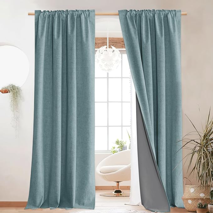 NICETOWN Skylark Blue Blackout Linen Curtains 95" Long, Rod Pocket Back Tab - Image 8