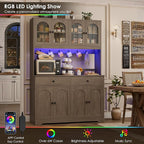 HIFIT 71" LED Kitchen Pantry Cabinet with Power Outlet, Large Kitchen Hutch Storage Cabinet with Arched Door, Shelves, 2 Drawer, Tall Farmhouse Coffee Bar w/Hutch for Home Dining Living Room, Ash Grey