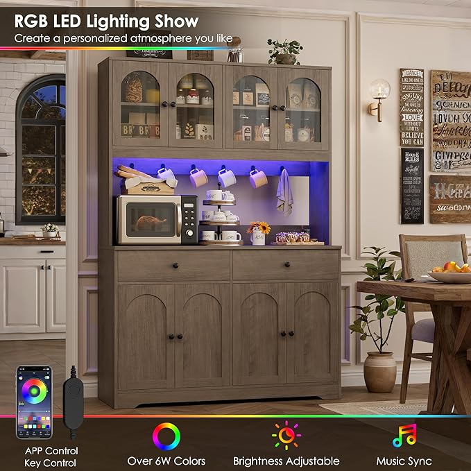 HIFIT 71" LED Kitchen Pantry Cabinet with Power Outlet, Large Kitchen Hutch Storage Cabinet with Arched Door, Shelves, 2 Drawer, Tall Farmhouse Coffee Bar w/Hutch for Home Dining Living Room, Ash Grey