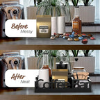 Coffee Bar Organizer for Countertop – Wooden Coffee Caddy with Compartments for Pods, Creamer, Sugar Packets, and Accessories – Coffee Station Storage for Home and Office (Black)
