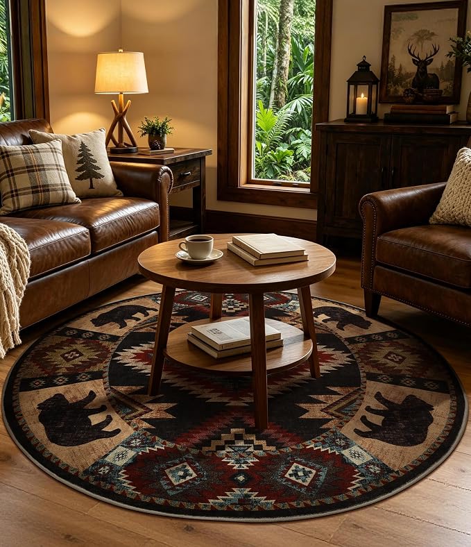 Southwestern Round Rug 4ft, Low Pile Soft Circle Rug - Image 4
