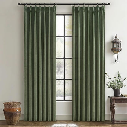 Custom Olive Green Pinch Pleated Drapes Linen Blend Light Filtering Curtains 86 by PleatedDrapes
