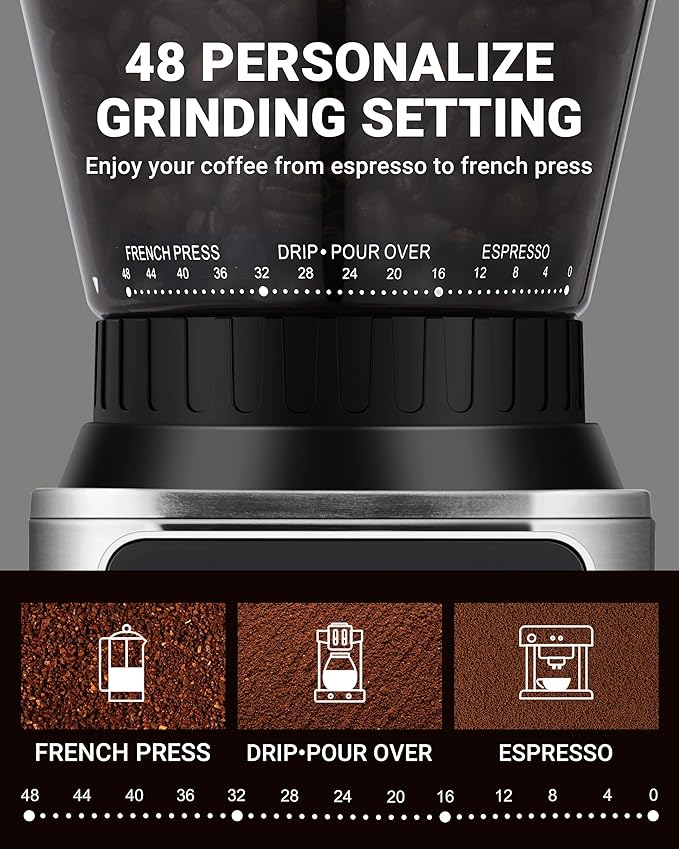 AMZCHEF Coffee Grinder, Burr Coffee Bean Grinder for Home Use with 48 Precise Grind Settings, Detachable Funnel Stand for Espresso, LED Control Panel, Anti-static Design, silver