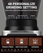 AMZCHEF Coffee Grinder, Burr Coffee Bean Grinder for Home Use with 48 Precise Grind Settings, Detachable Funnel Stand for Espresso, LED Control Panel, Anti-static Design, silver