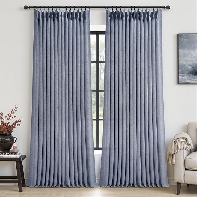Linen Pinch Pleated Dusty Blue Sheer Curtains 96 Inches Long Living Room by PleatedDrapes