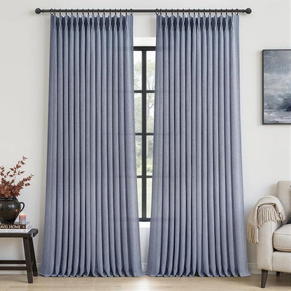 Dusty Blue 102 Inch Extra Long Memory Trained Pleated Linen Sheer Curtains by PleatedDrapes