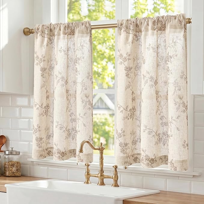 Taupe on Beige Linen Kitchen Curtains Rod Pocket 26W X 36L 2 Panels | Elisa by Lazzzy