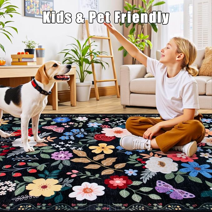 PLHXFR Area Rug Living Room: 5x7 Floral Washable Boho Soft Carpet Black | - Image 8