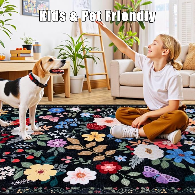 PLHXFR Area Rug 9x12 Living Room: Floral Washable Boho Soft Carpet Black | - Image 7