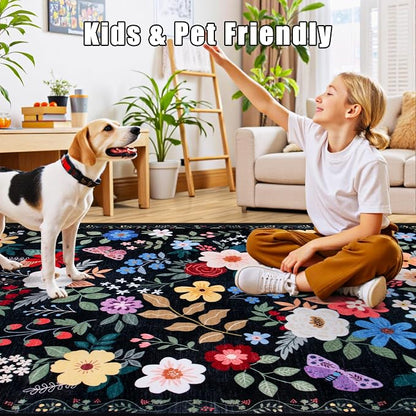 PLHXFR 3x10 Washable Runner Rug：Floral Indoor Kitchen Soft Carpet Black | - Image 6
