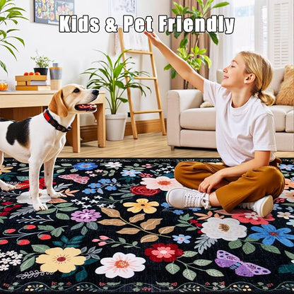 PLHXFR 8x10 Area Rug Living Room: Floral Washable Boho Soft Carpet Black | - Image 7