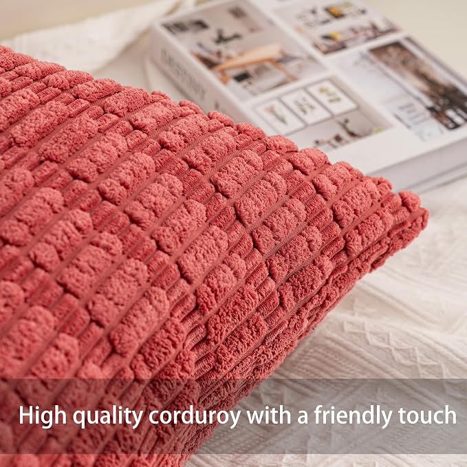 Pack of 2 Corduroy Decorative Throw Pillow Covers 20x20 Inch, Cranberry Red | - Image 3