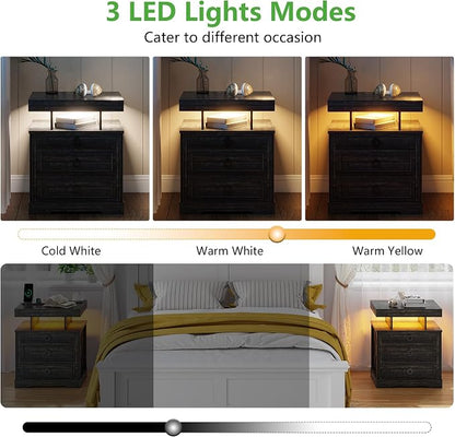 HNEBC Nightstand with Gun Drawers, LED Farmhouse Night Stand with Charging - Image 6
