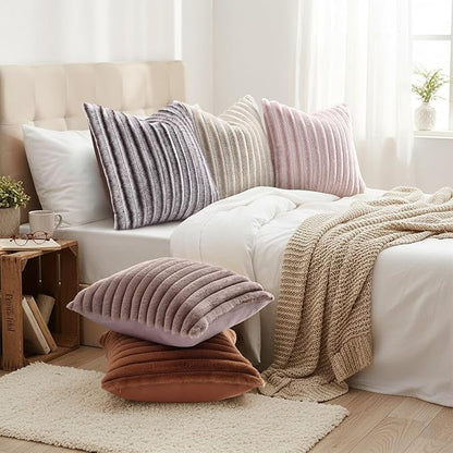 decorUhome Fall Faux Fur Throw Pillow Covers 16x16 Set of 2 Brown White | - Image 6