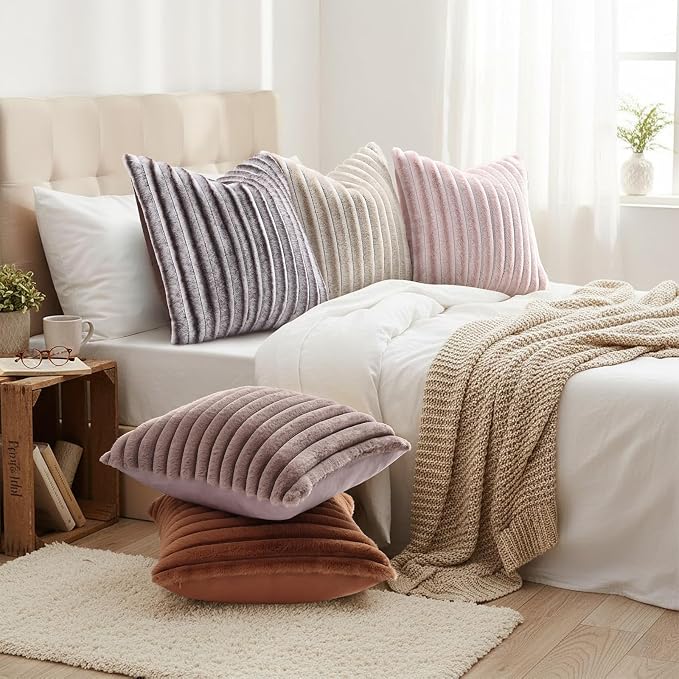 decorUhome Fall Faux Fur Throw Pillow Covers 12x20 Set of 2 Pink White | - Image 6