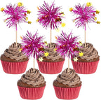 30 PCS Foil Firework Cupcake Toppers Happy Birthday Star Cupcake Picks Sparkle Tinsel Drink Stirrers Cocktail Fruit Toothpicks for Valentine's Day Wedding Birthday Party Decorations Supplies Purple