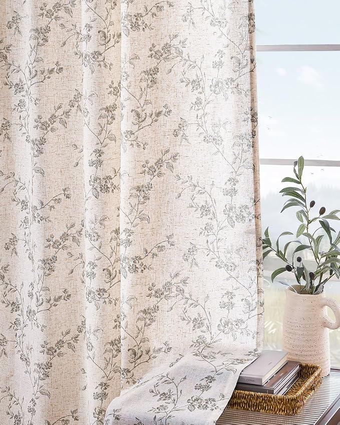 Extra Long Grey Vintage Floral Linen Curtains Farmhouse 2 Panels | Elisa Series - Image 8