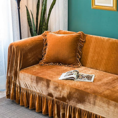 Velvet Sofa Cover Soft Decorative Luxurious Solid Exquisite Ruffle Trim - Image 6