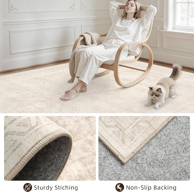 8x10 Area Rugs Living Room: Bedroom Neutral Washable Carpet Beige | Large - Image 4