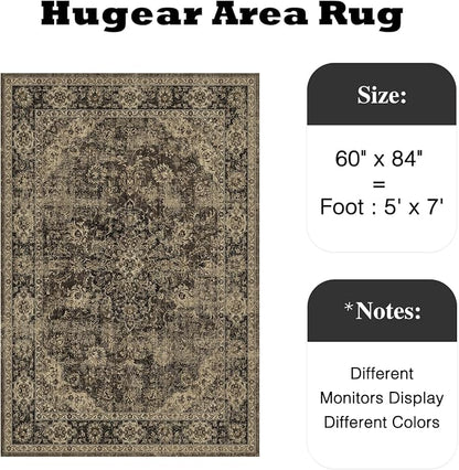 5x7 Brown Retro Floral Washable Area Rug - Image 2