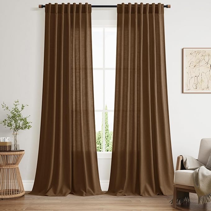 Tobacco Brown Linen Curtains 102 Inches Rod Pocket Back Tab Drapes 2 Panels Set by Nanspring