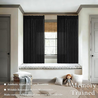 Black Pleated Linen Blend Semi Sheer Rustic Kitchen Curtains 63 Inch Long | - Image 2